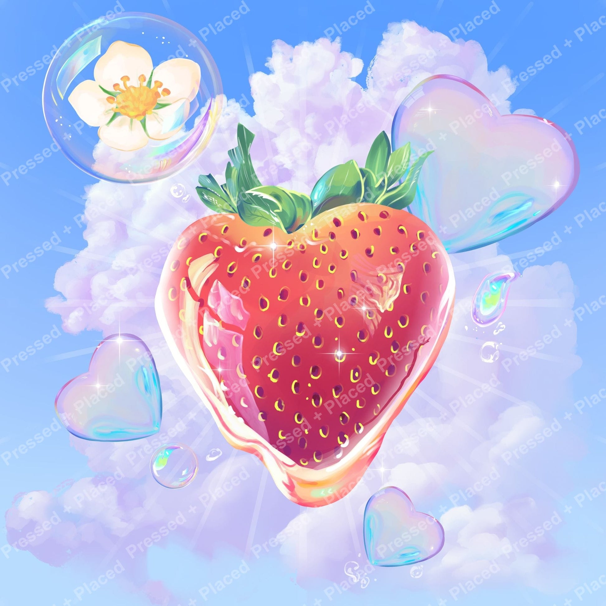Pastel strawberry floating in clouds with iridescent hearts and dreamy fantasy style