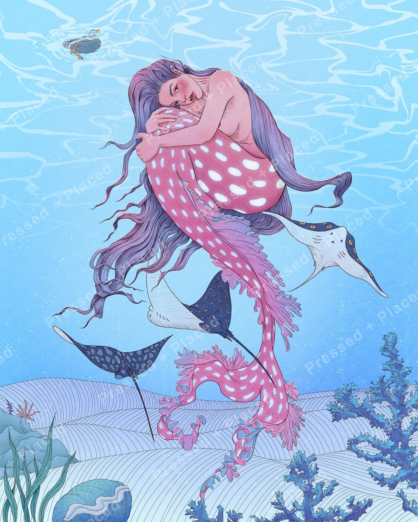 Fantasy mermaid surrounded by ocean rays, coral, and soft blue underwater scenery