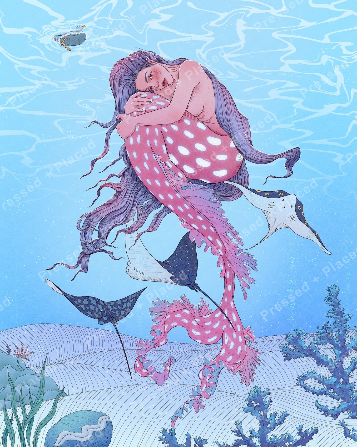 Fantasy mermaid surrounded by ocean rays, coral, and soft blue underwater scenery