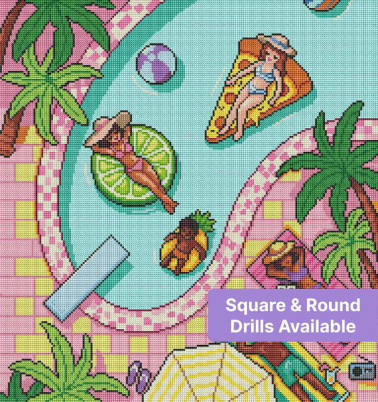 Colorful tropical beach diamond art with surfboards, palm leaves, and pastel coastal tones