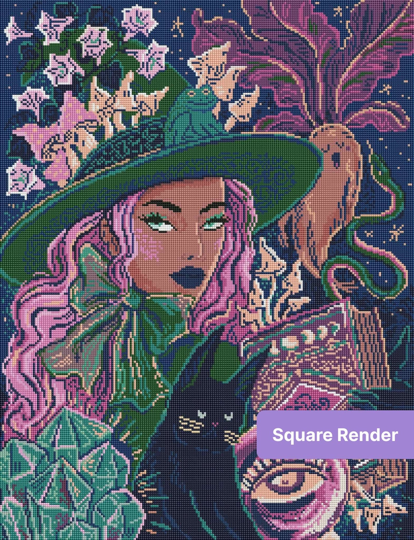 Fantasy witch with pink hair, green hat, cat, mushrooms, crystals, and moon symbols