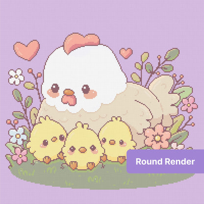 Cute cartoon hen with three chicks, hearts, and flowers on a lavender background
