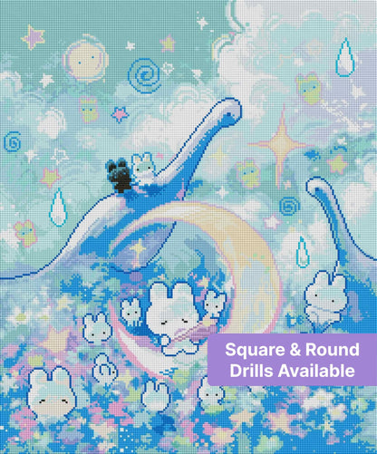 Pastel kawaii bunny scene with rainbow arches, clouds, stars, and whimsical fantasy details