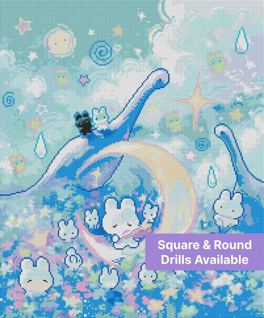 Pastel kawaii bunny scene with rainbow arches, clouds, stars, and whimsical fantasy details