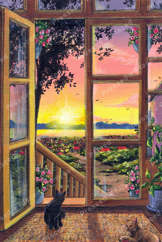 Sunset window view with two cats, wooden frames, flowers, and a tranquil landscape