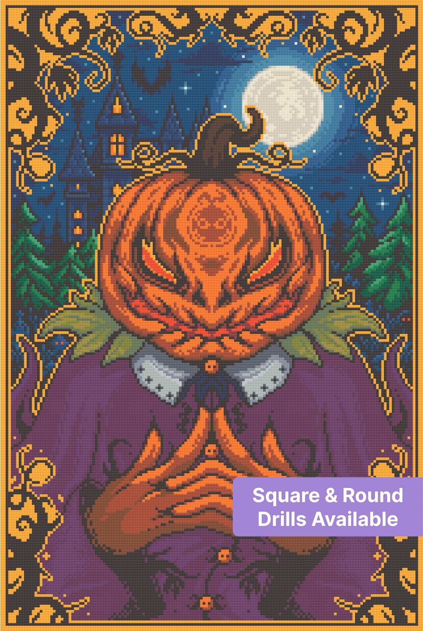 Pixel-style vampire pumpkin in a gothic Halloween scene with moonlight, castle, and gold border