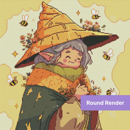 Cute fantasy witch with flowers and bees in warm autumn tones