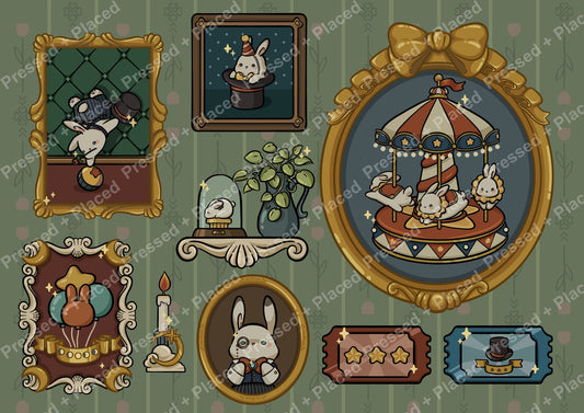 Whimsical bunny circus artwork with vintage frames, gold accents, and pastel carnival scenes