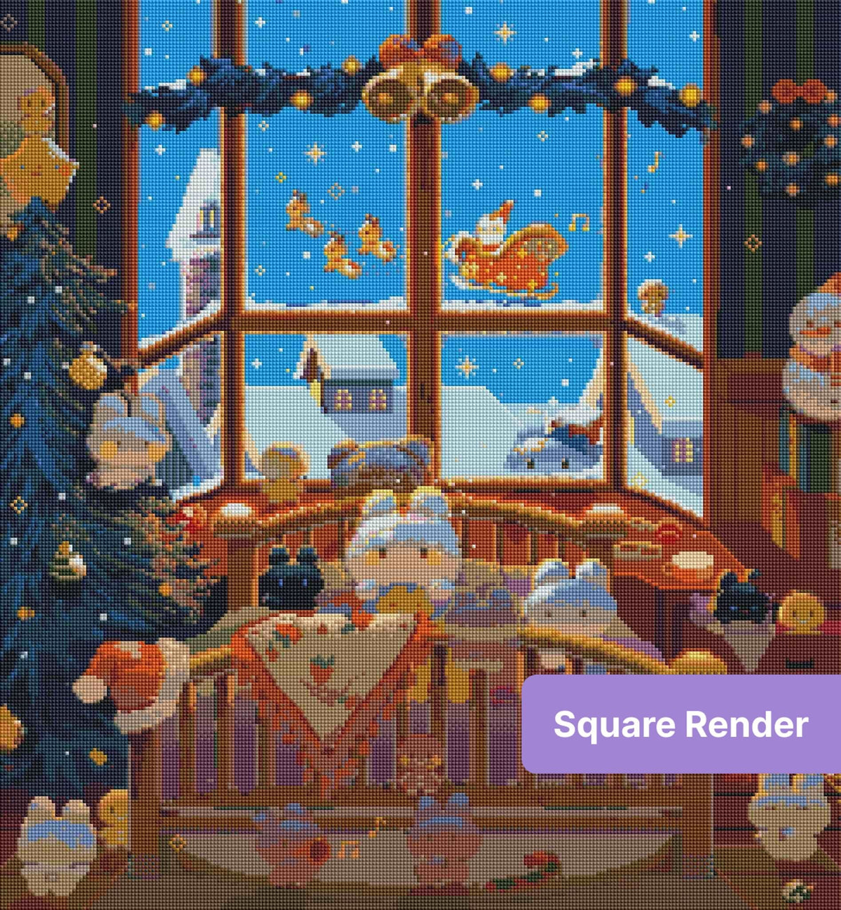 Whimsical winter cat scene with snowy window, Christmas decor, and cozy festive colors
