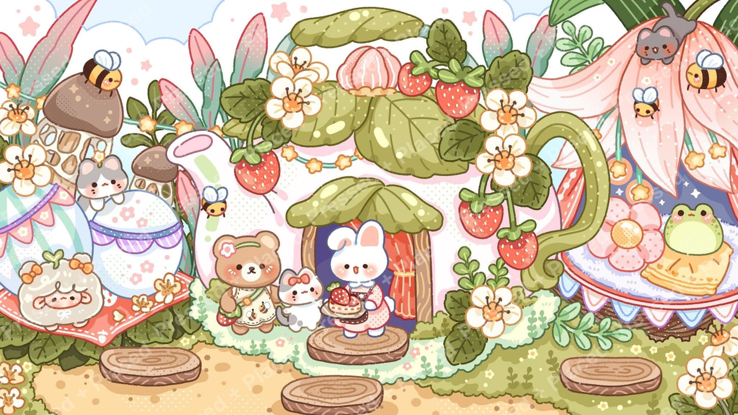Cute woodland tea party scene with animals, flowers, strawberries, and pastel mushroom houses
