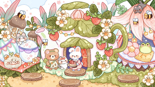 Cute woodland tea party scene with animals, flowers, strawberries, and pastel mushroom houses
