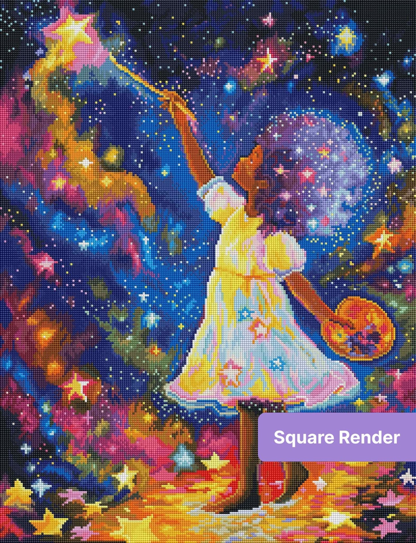 Fantasy girl in a glowing dress reaching for stars with a wand in a colorful cosmic sky