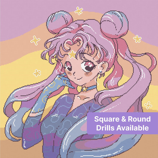 Cute anime girl with pink-purple hair, pastel colors, and star accents in kawaii style