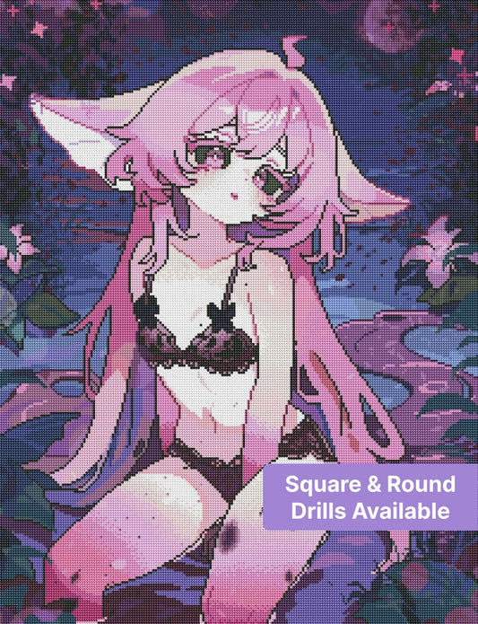Pink-haired anime catgirl in black lace outfit, seated in a purple fantasy garden
