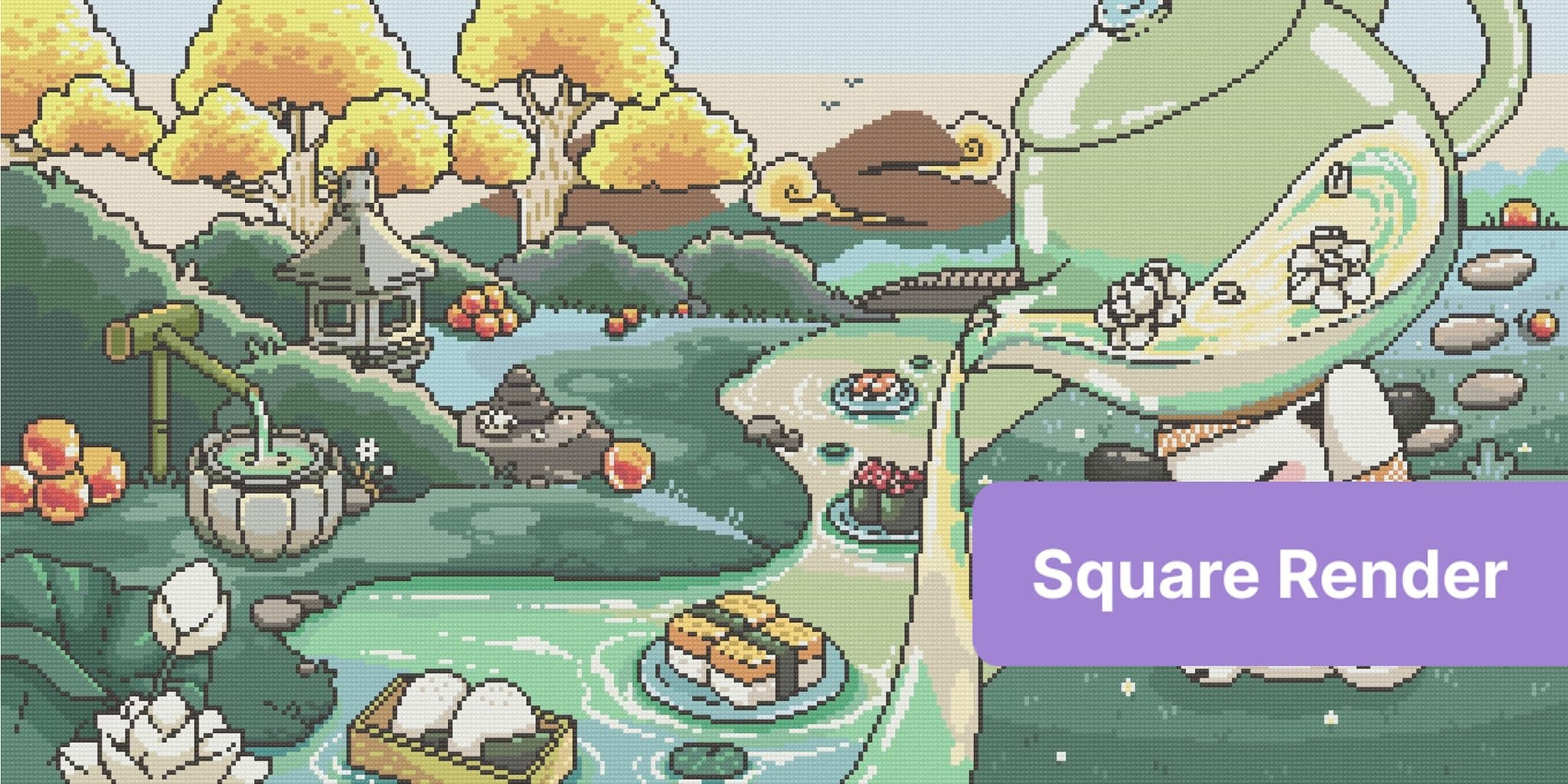 Cute bunny in a pastel Japanese garden with pond, pagoda, and autumn trees