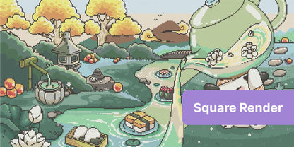 Cute bunny in a pastel Japanese garden with pond, pagoda, and autumn trees