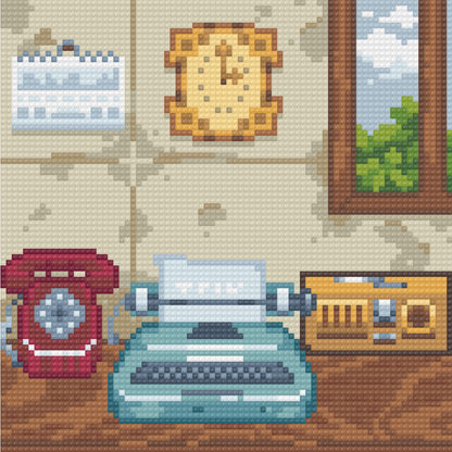 Four retro pixel-style diamond painting scenes with vintage decor, road trip, and cozy nostalgic themes