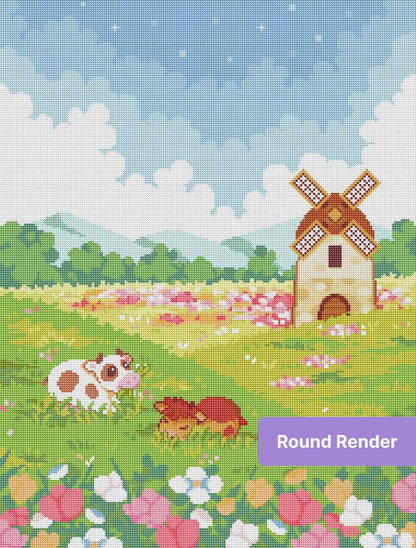 Pixel art farm scene with cow, horse, windmill, and blooming wildflowers