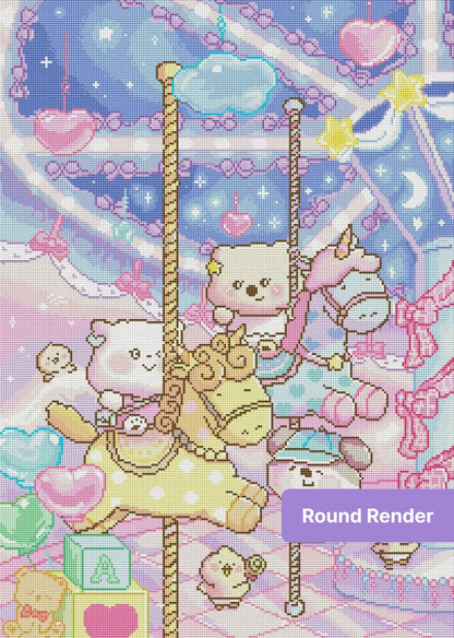 Kawaii carousel diamond painting with pastel animal characters, hearts, stars, and dreamy night sky