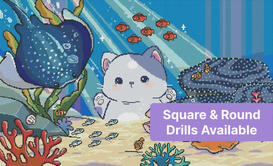 Cute cartoon underwater scene with cat, fish, coral, and sea creatures in bright colors