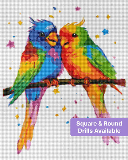 Two rainbow parrots perched on a branch in a whimsical watercolor style