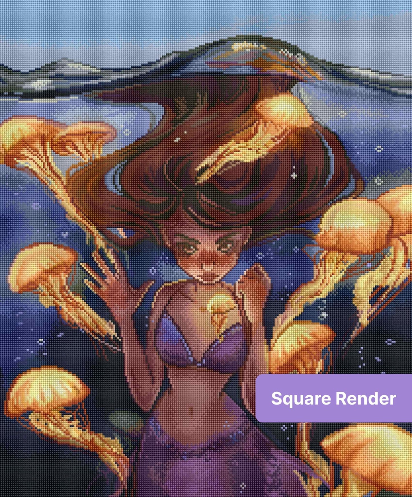 Fantasy mermaid surrounded by glowing jellyfish in a dreamy underwater scene