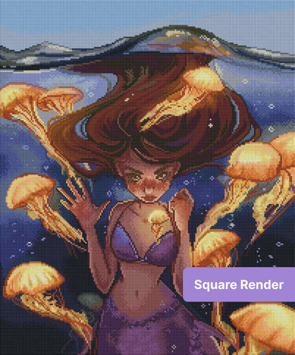 Fantasy mermaid surrounded by glowing jellyfish in a dreamy underwater scene