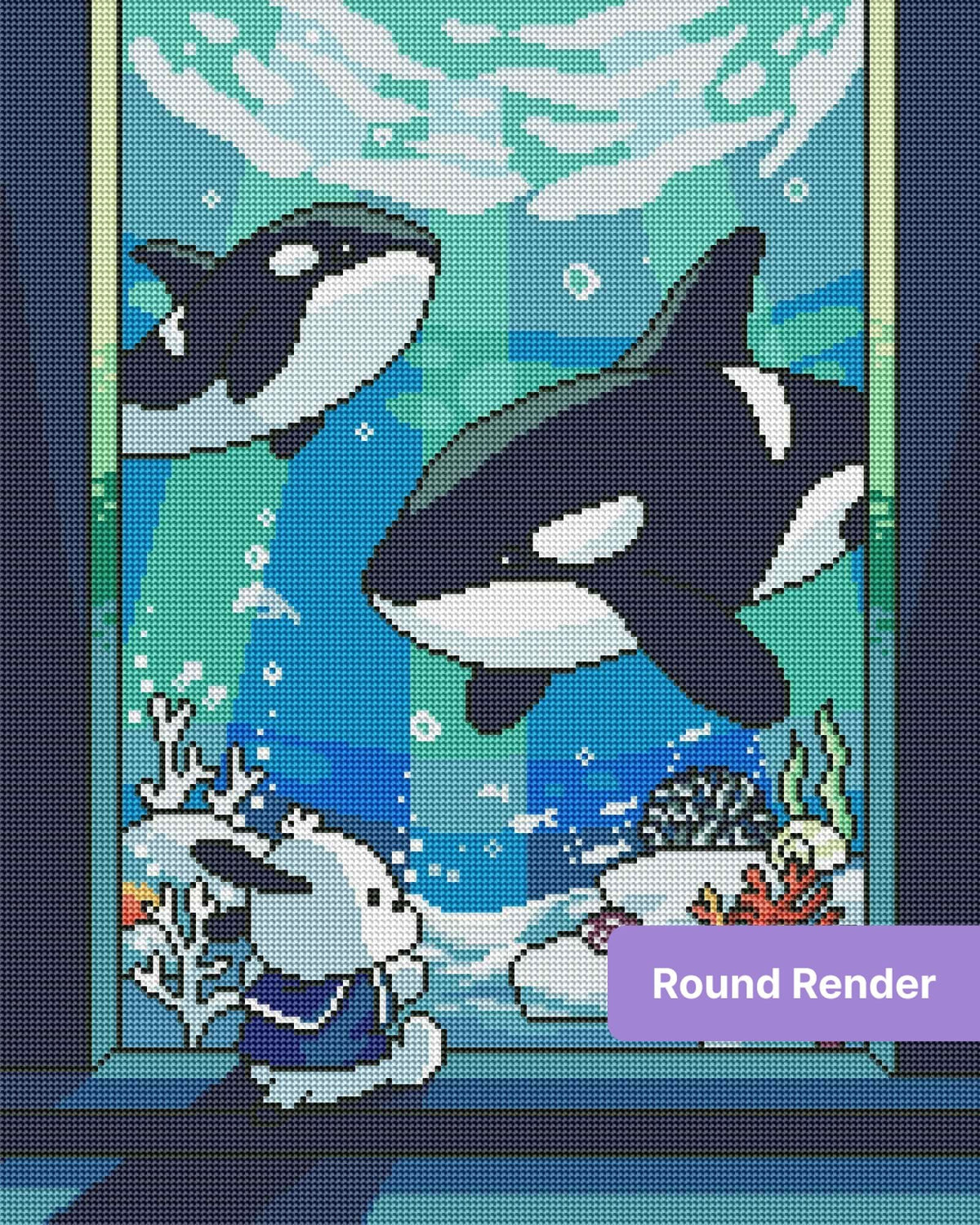 Cartoon orcas swimming underwater with a bunny, coral reef, and ocean blues