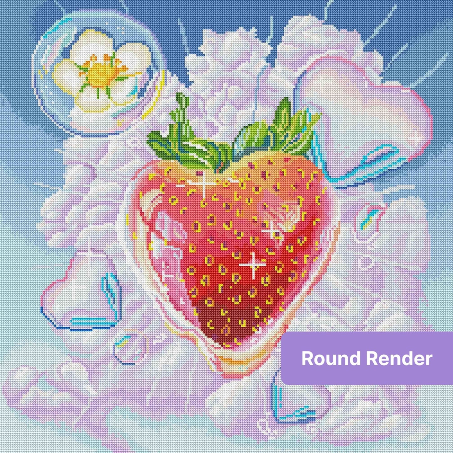Pastel strawberry floating in clouds with iridescent hearts and dreamy fantasy style