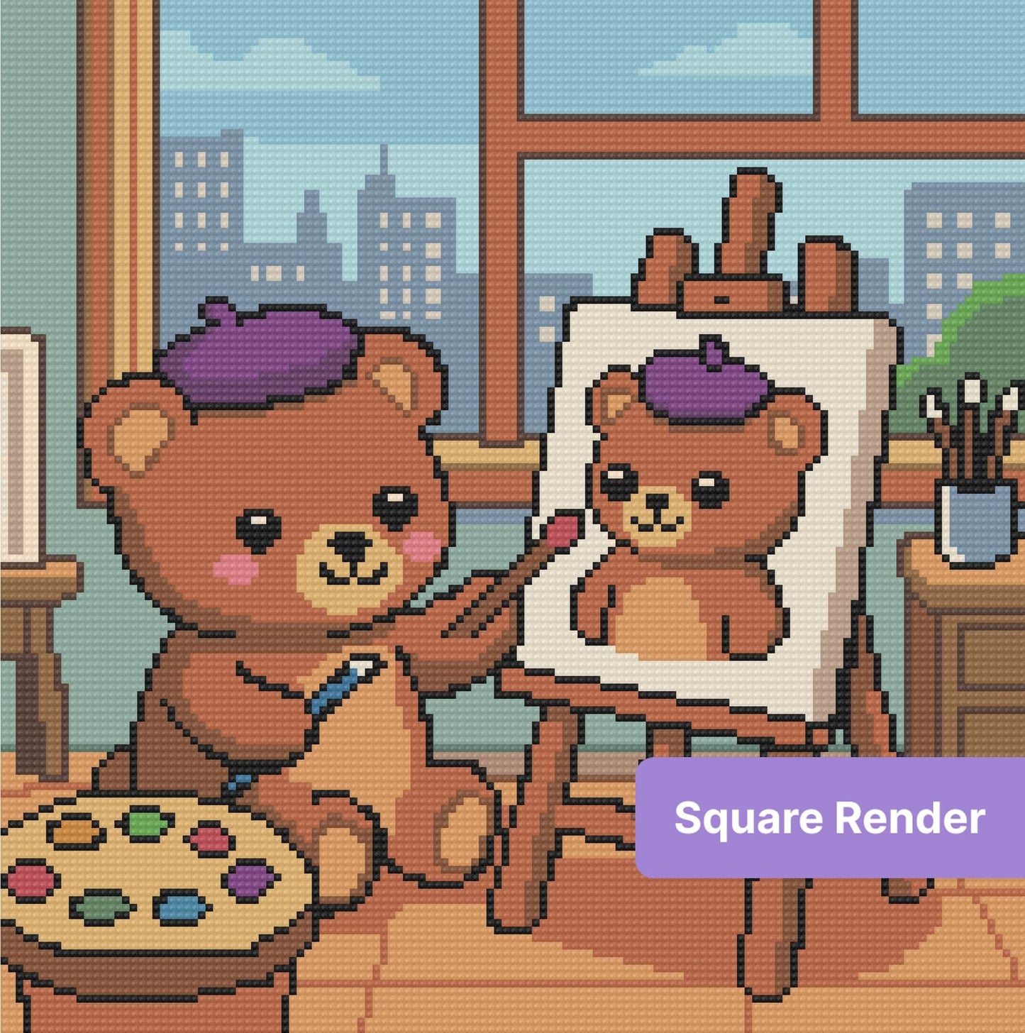 Cartoon bear painter in a cozy studio with easel, palette, and city window backdrop