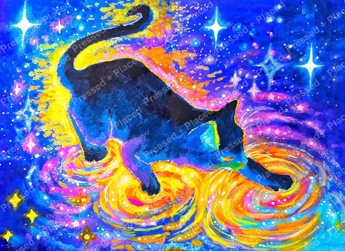 Black cat diamond painting kit with vivid galaxy colors, stars, and swirling neon nebula effects