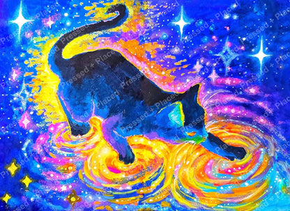Black cat diamond painting kit with vivid galaxy colors, stars, and swirling neon nebula effects