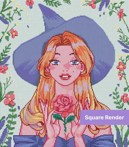 Pastel witch hat girl holding a pink rose with delicate floral border