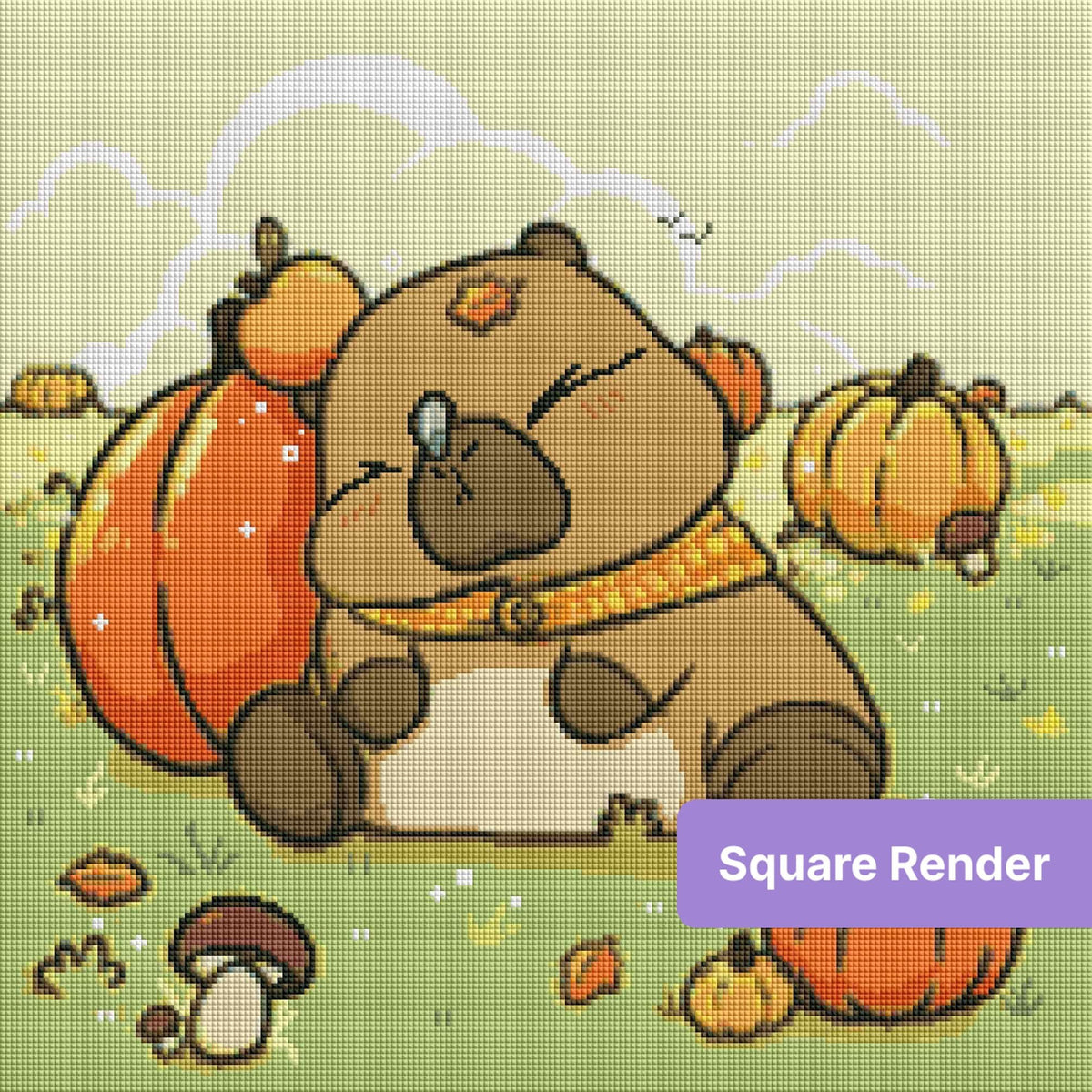 Cute sleeping bear with pumpkins in a cozy autumn meadow scene