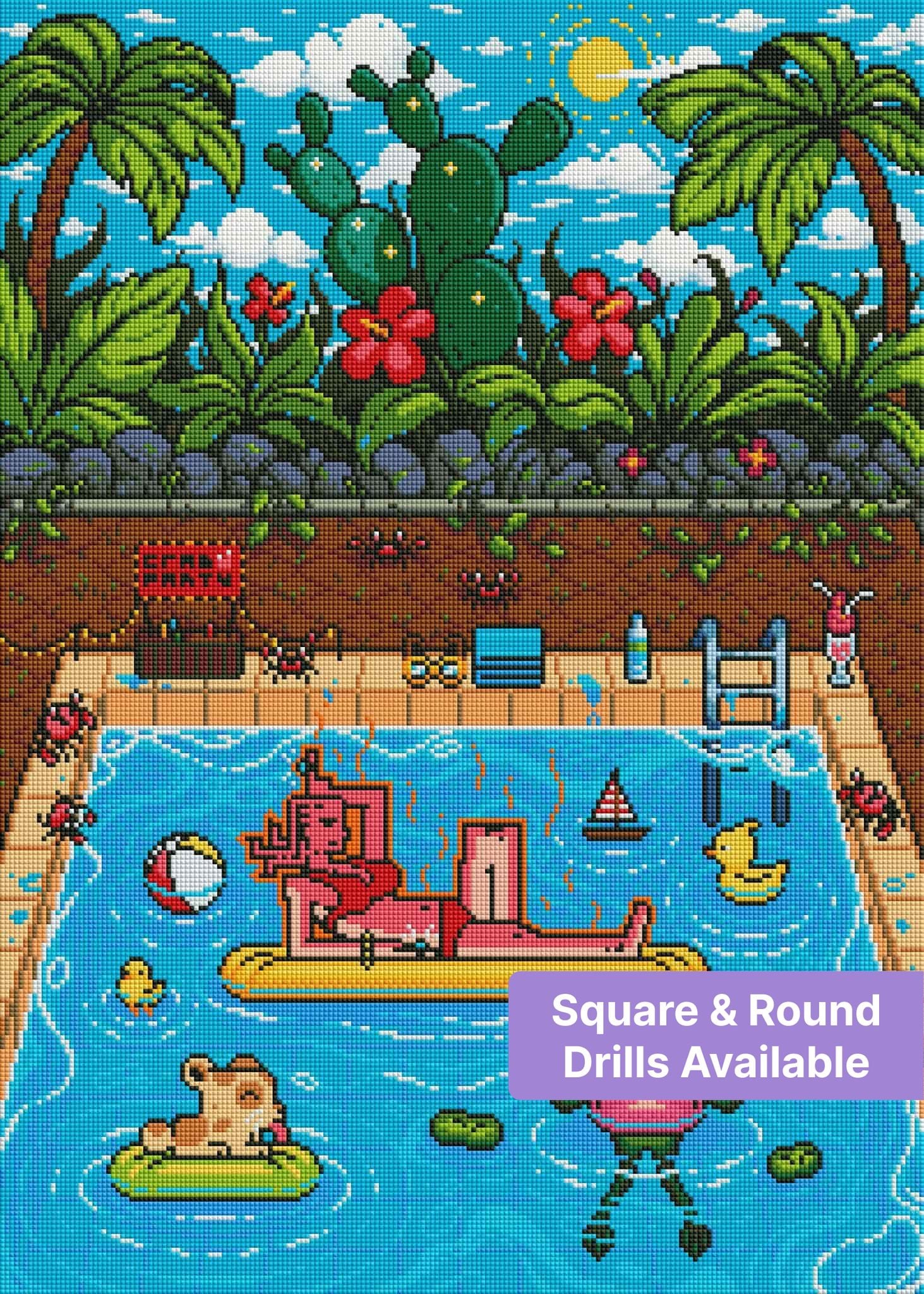 Pixel-art tropical pool scene with palm trees, cactus, floaties, and a sunny sky