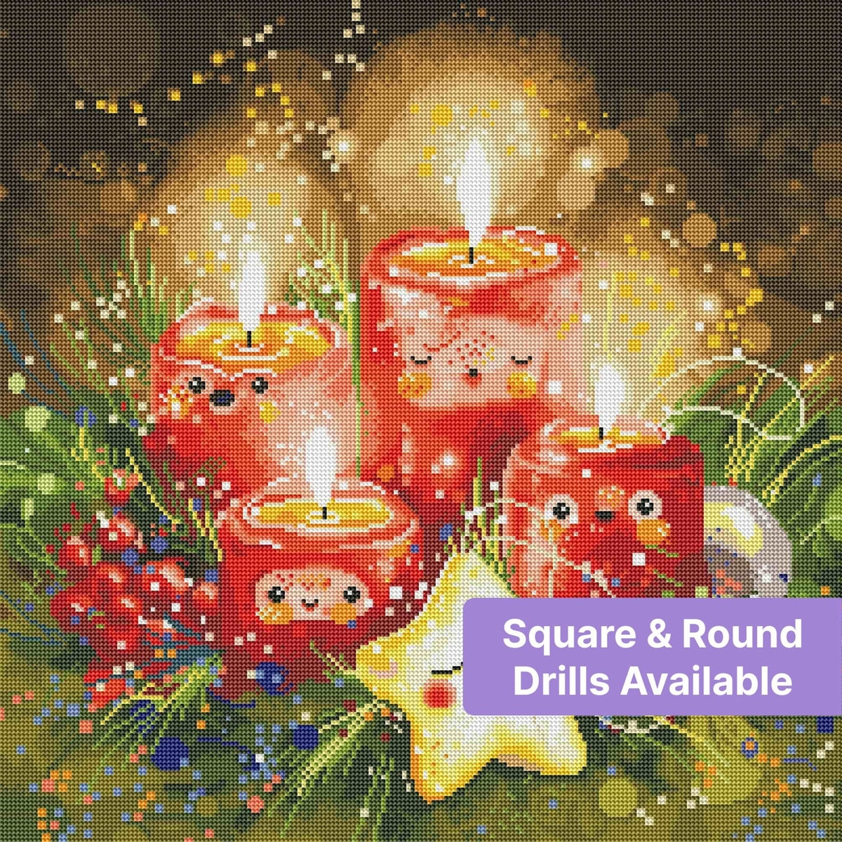 Whimsical red Christmas candles with smiling faces and glowing star ornament