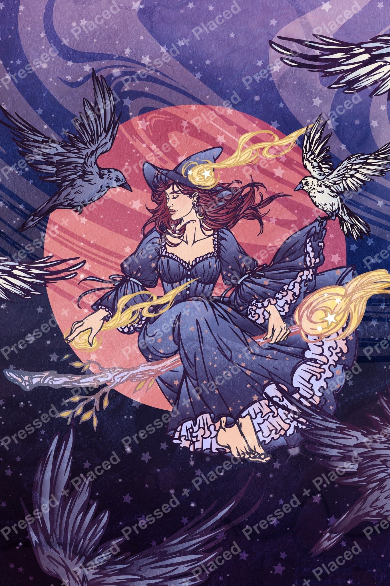 Fantasy witch surrounded by ravens in a purple celestial illustration with glowing gold accents