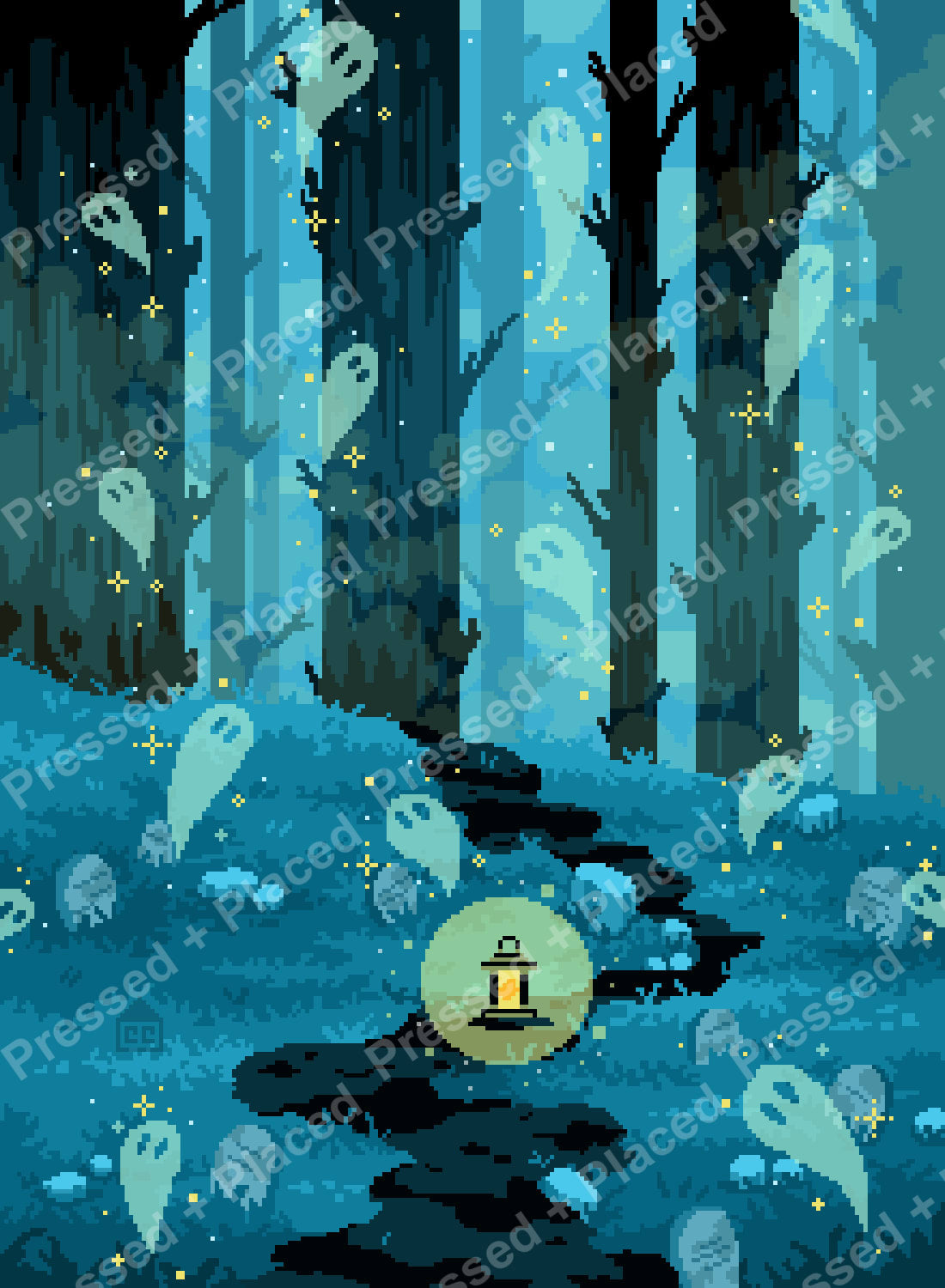 Pixel art ghost forest with lantern-lit path, glowing spirits, and teal woodland tones