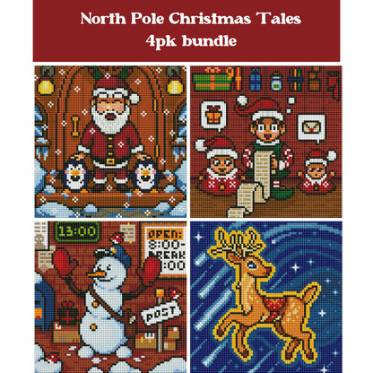 Four festive Christmas diamond art scenes with Santa, elves, a snowman, and a reindeer