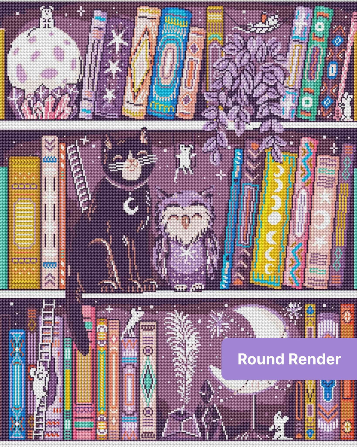 Whimsical cat and owl bookshelf scene with moons, books, crystals, and boho-style details
