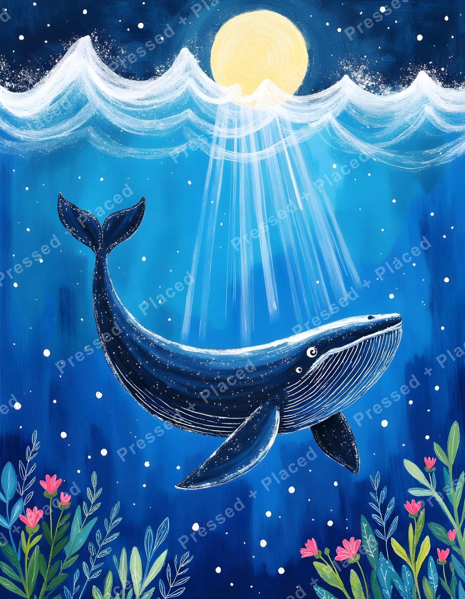 Blue whale under moonlight with ocean waves, glowing beams, and floral accents