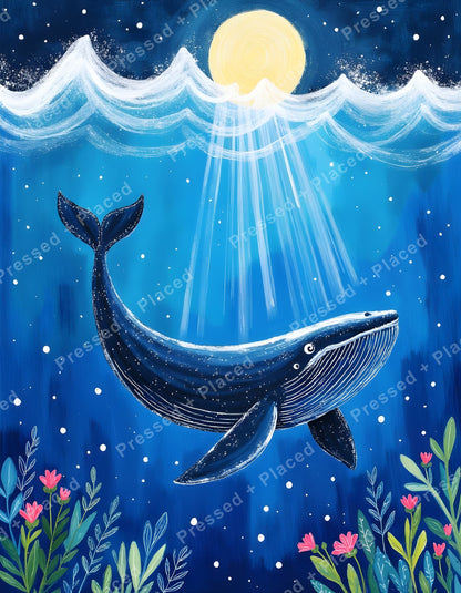 Blue whale under moonlight with ocean waves, glowing beams, and floral accents
