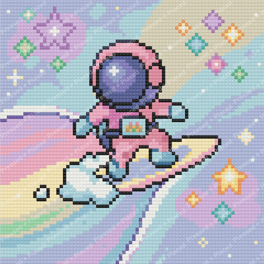 Cute astronaut riding a surfboard in a pastel cartoon-style space scene