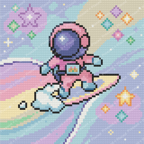 Cute astronaut riding a surfboard in a pastel cartoon-style space scene