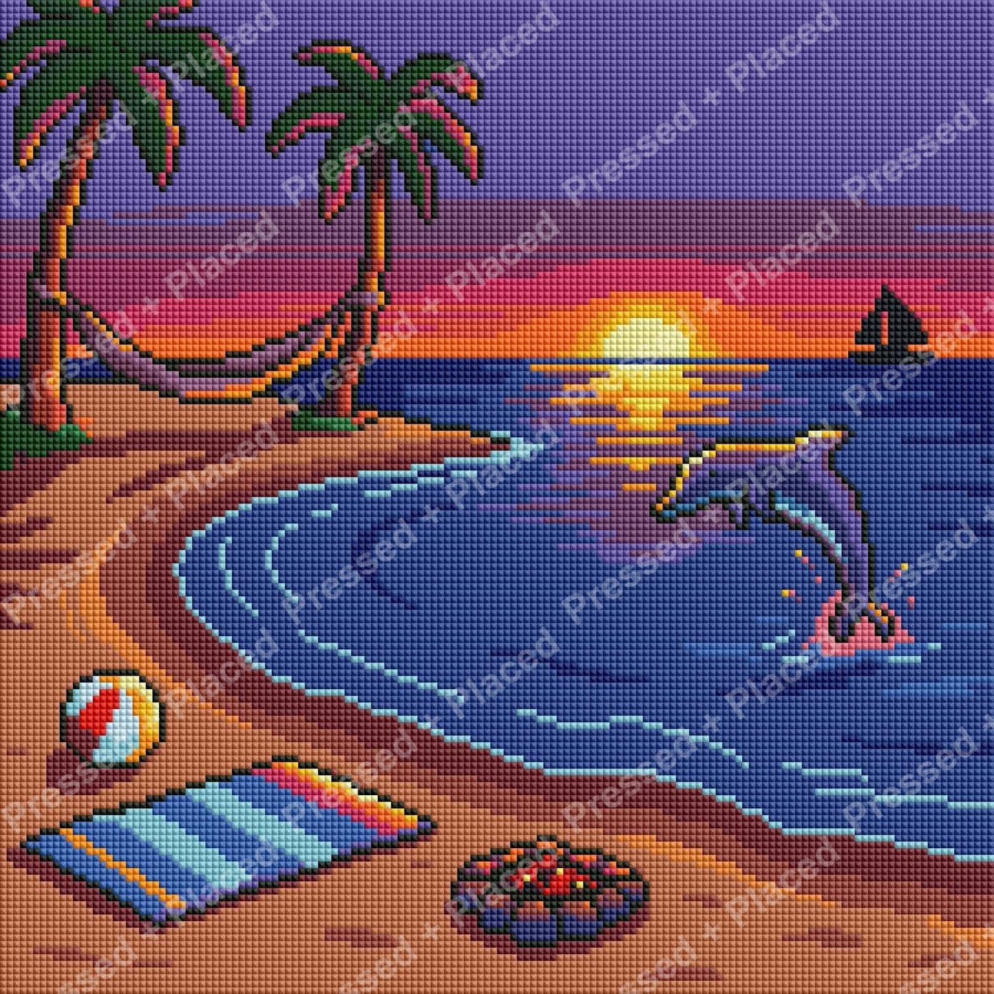Tropical beach sunset diamond art with palm trees, dolphin, and calm ocean water