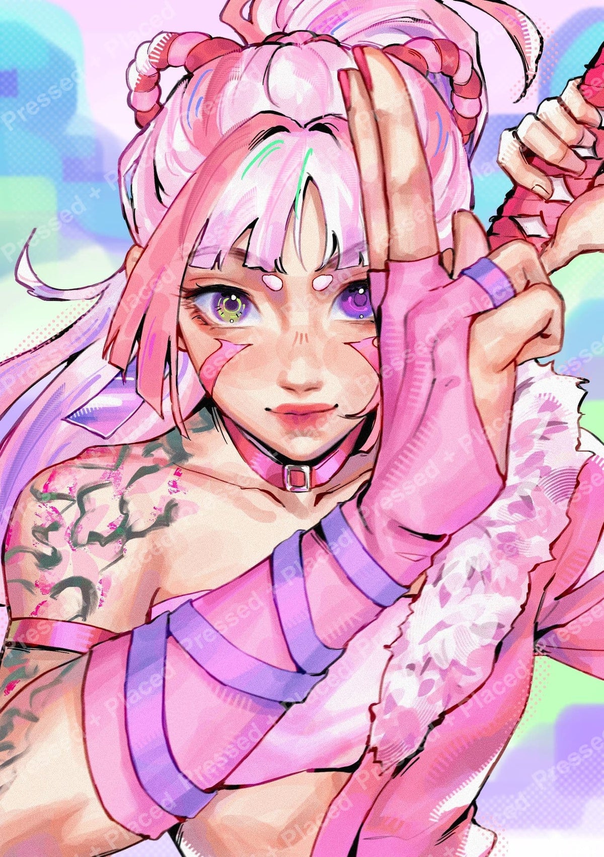 Anime-style pink-haired girl with pastel colors and expressive fantasy portrait details