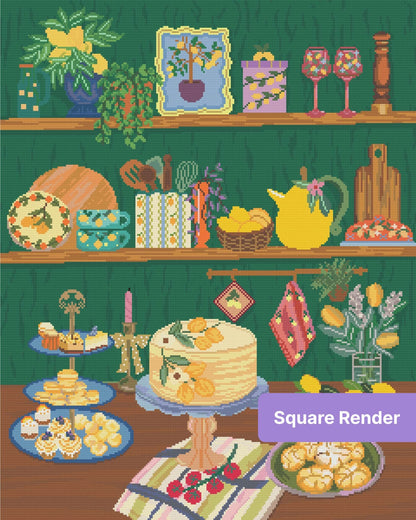Lemon-themed still life with painted shelves, desserts, vases, and floral kitchen decor