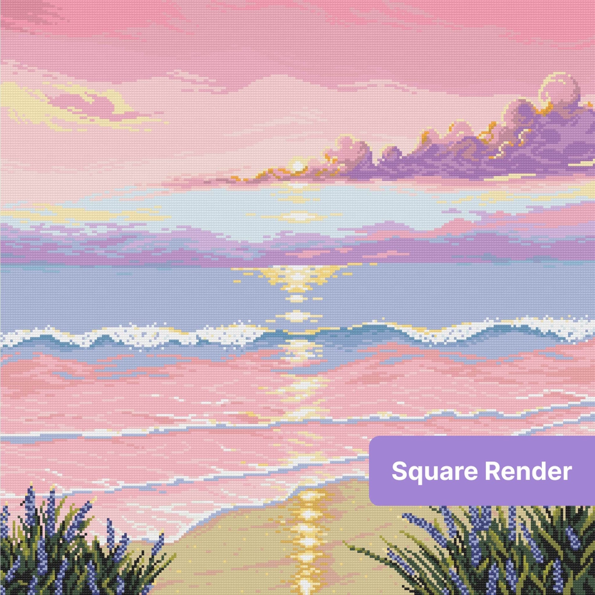 Pastel pink sunset ocean landscape with glowing water, lavender clouds, and purple flowers