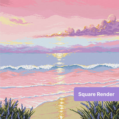 Pastel pink sunset ocean landscape with glowing water, lavender clouds, and purple flowers