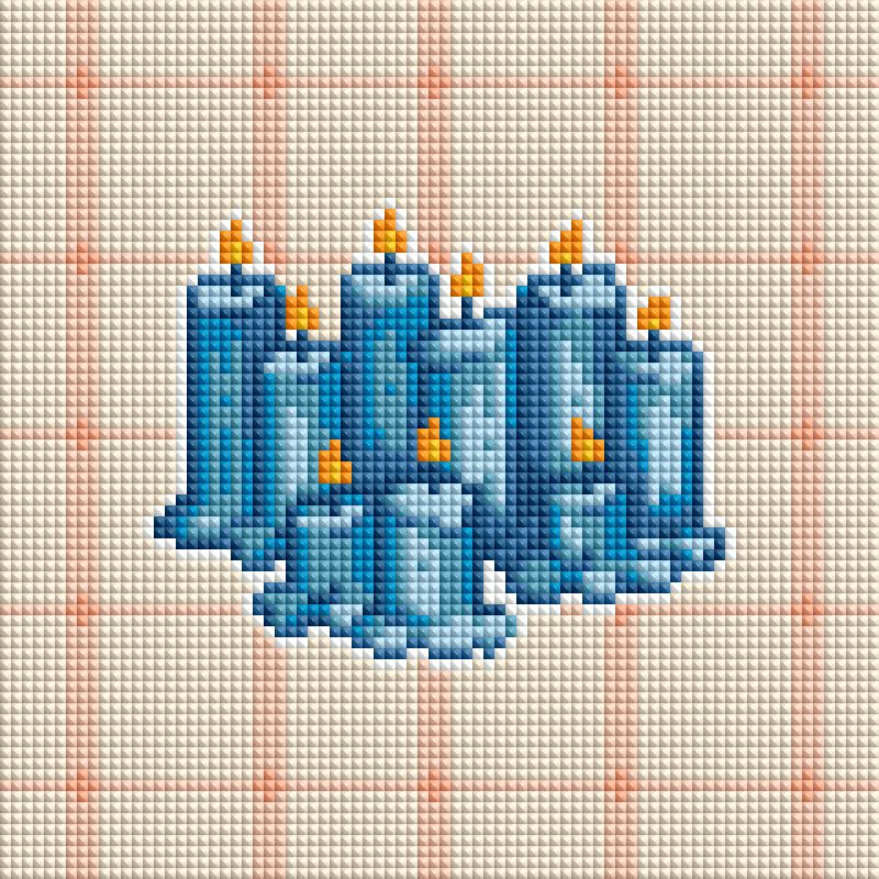Four whimsical diamond painting designs with candles, treats, a blue hand, and a small character in a hat